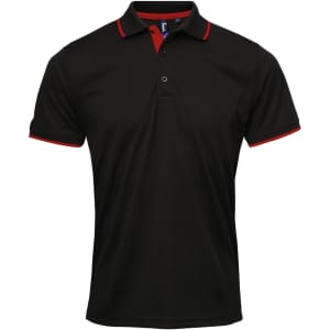 A black polo shirt with red accents and a logo on the chest area. Short sleeves and a classic collar design.