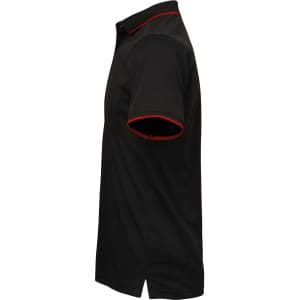 A black polo shirt with red accent details and a logo, displayed from the side.
