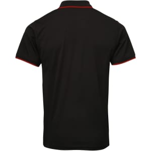 A black polo shirt with red trim and a logo on the chest, viewed from the back.