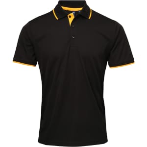 A black polo shirt with yellow collar and sleeve detailing. It features three buttons and has a logo.