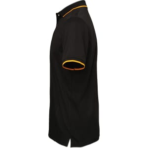 A black polo shirt with orange trim and a logo, featuring a classic collar and short sleeves.