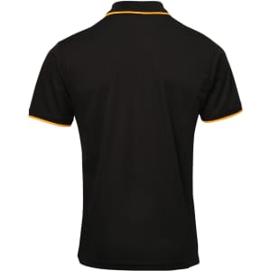 A black polo shirt featuring yellow collar and sleeve trim with a logo on the back.
