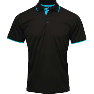 A black polo shirt with turquoise accents and a logo on the chest. Short sleeves and a classic collar design.