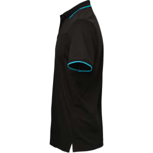 A black polo shirt with turquoise accents on the collar and sleeves, featuring a logo.