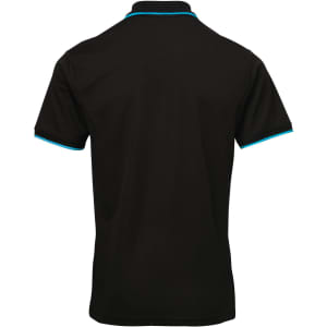 A black polo shirt with a contrasting turquoise trim, featuring a collar and short sleeves. It has a logo.