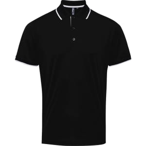 A black polo shirt featuring a collar and buttons, with contrasting white trim along the collar and sleeves.