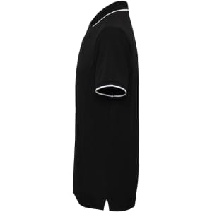 A black polo shirt featuring a contrasting white collar and sleeve trim, displayed from the side view.