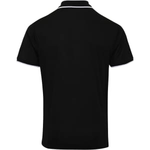 A black polo shirt featuring a contrasting collar, with a logo on the back.
