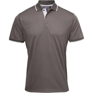 A grey polo shirt featuring a contrasting collar and sleeve trim, complete with a logo.