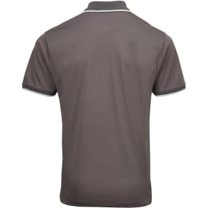 A grey polo shirt featuring contrasting trim and a logo on the back.