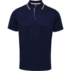 A navy polo shirt with contrasting white details and a logo. Short sleeves and a collar complete the design.