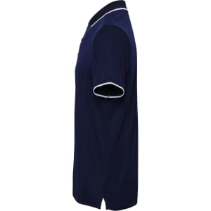 A navy blue polo shirt featuring a contrasting collar and sleeve trim. It has a logo on the chest.
