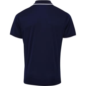 A navy polo shirt featuring a contrasting collar and sleeve trim, with a small logo on the back.
