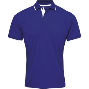 A royal blue polo shirt with white piping and a collar. It has a logo on the chest area.