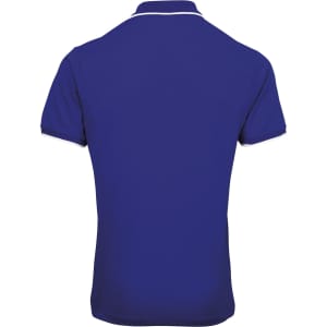 A back view of a blue polo shirt featuring contrasting trim and a logo.