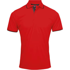 A red polo shirt with black detailing and a brand logo on the collar.