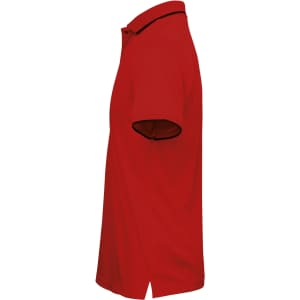 A red polo shirt featuring a contrasting trim and a logo on the chest, shown from the side.