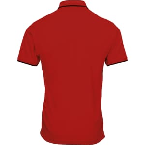 A red polo shirt with contrasting black collar and sleeve trim. The back view shows a smooth, unembellished surface.