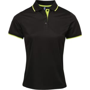 A black women's polo shirt featuring contrast lime green detailing and a collar, with a logo on the chest.