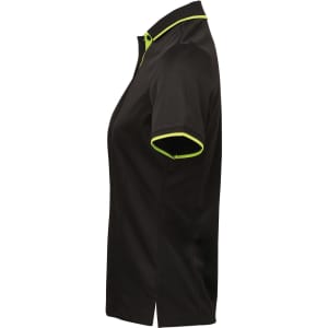 A black women's polo shirt featuring contrast green detailing along the collar and sleeves, with a logo present.