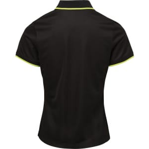 A women's black polo shirt featuring contrast piping in lime green. The design includes a collar and short sleeves.