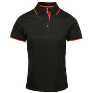 A black polo shirt with contrast orange details and a collar, featuring a logo. Suitable for women's wear.