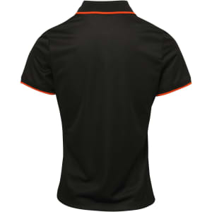 A women's black polo shirt featuring contrast orange piping and a logo. Suitable for casual or sport wear.