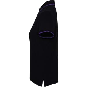A black women's polo shirt with purple contrast detailing and a streamlined design. It features short sleeves and a collar.