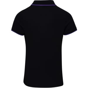 A black women's polo shirt featuring contrasting purple accents on the collar and sleeves. It has a logo.