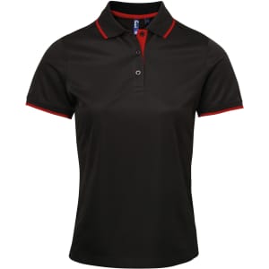 A black polo shirt with red contrast detailing, featuring a collar and buttons, and includes a logo.