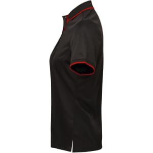 A black polo shirt with red contrast trim and a short sleeve design. It features a logo on the front.
