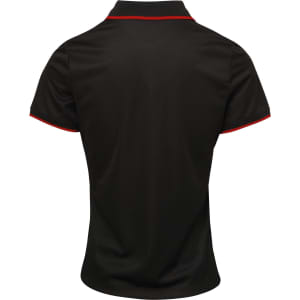 A black women's polo shirt featuring red contrast detailing and a branded logo on the back.