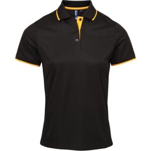 A black polo shirt with contrasting yellow collar and sleeve trims. It features a logo on the chest.