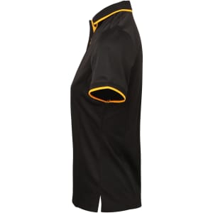 A women's black polo shirt with yellow contrast detailing and a collar, featuring a logo on the front.
