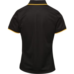 A black women's polo shirt with contrasting yellow trim, featuring a collar and short sleeves. It has a logo on it.
