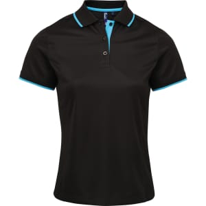 A black women's polo shirt featuring contrast aqua blue accents, with a collar and a logo.