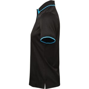 A black women's polo shirt featuring contrast blue detailing on the collar and sleeve edges, with a logo.