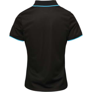A women's black polo shirt with contrast turquoise piping and a logo on the front.