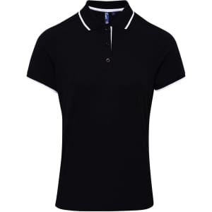 A women's black polo shirt with contrasting white collar and sleeve trim, featuring a three-button placket and logo.