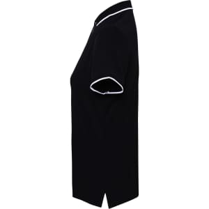 A women's black polo shirt featuring white contrast trim, with a classic fit and short sleeves. Contains a logo.