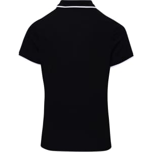 A women's black polo shirt with contrast detailing on the collar and sleeves, featuring a logo.