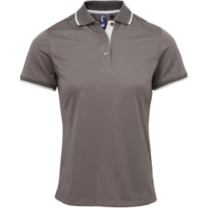 A grey polo shirt featuring a contrasting collar and cuffs, with a logo on the chest.