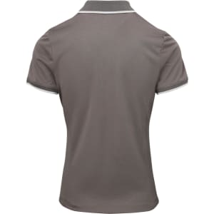 A women's polo shirt in grey with contrasting trim, featuring a logo on the back.