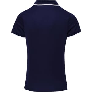 A navy women's polo shirt featuring a contrast white collar, with a logo on the side.