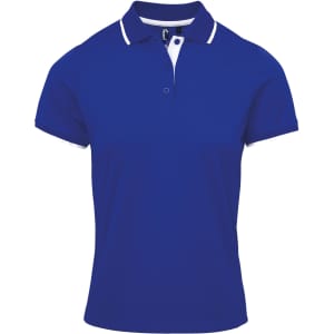 A women's polo shirt in royal blue with contrasting white collar and placket, featuring a logo.