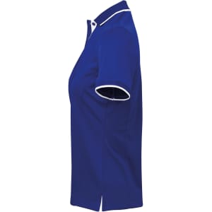 A women's polo shirt in blue with contrasting white trim and a structured collar. Features a logo on the chest.