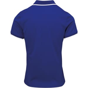 A blue women's polo shirt featuring a contrast collar and an embroidered logo. The back view showcases its sleek design.