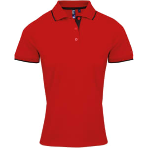 A red women's polo shirt featuring contrast black details and a collar. The shirt has a logo on it.