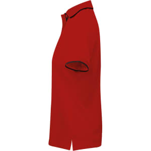 A red women's polo shirt featuring contrasting details and a classic collar. The product has a logo.