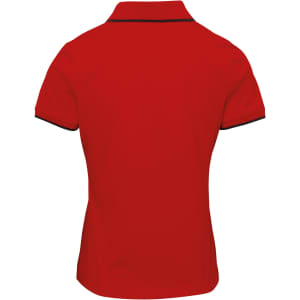 A red women's polo shirt with contrast detailing, featuring a collar and short sleeves. It has a logo on the front.
